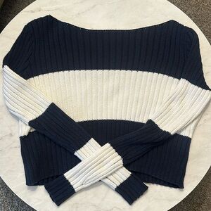 Aerie boxy cropped sweater, navy blue and white striped, size XS